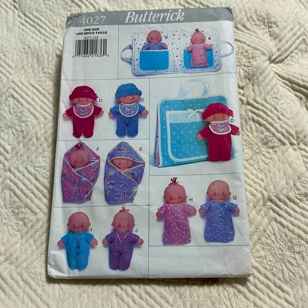 Butterick Sewing Pattern Uncut 4027 Twin Baby Dolls Clothes Carrier Blanket 10”